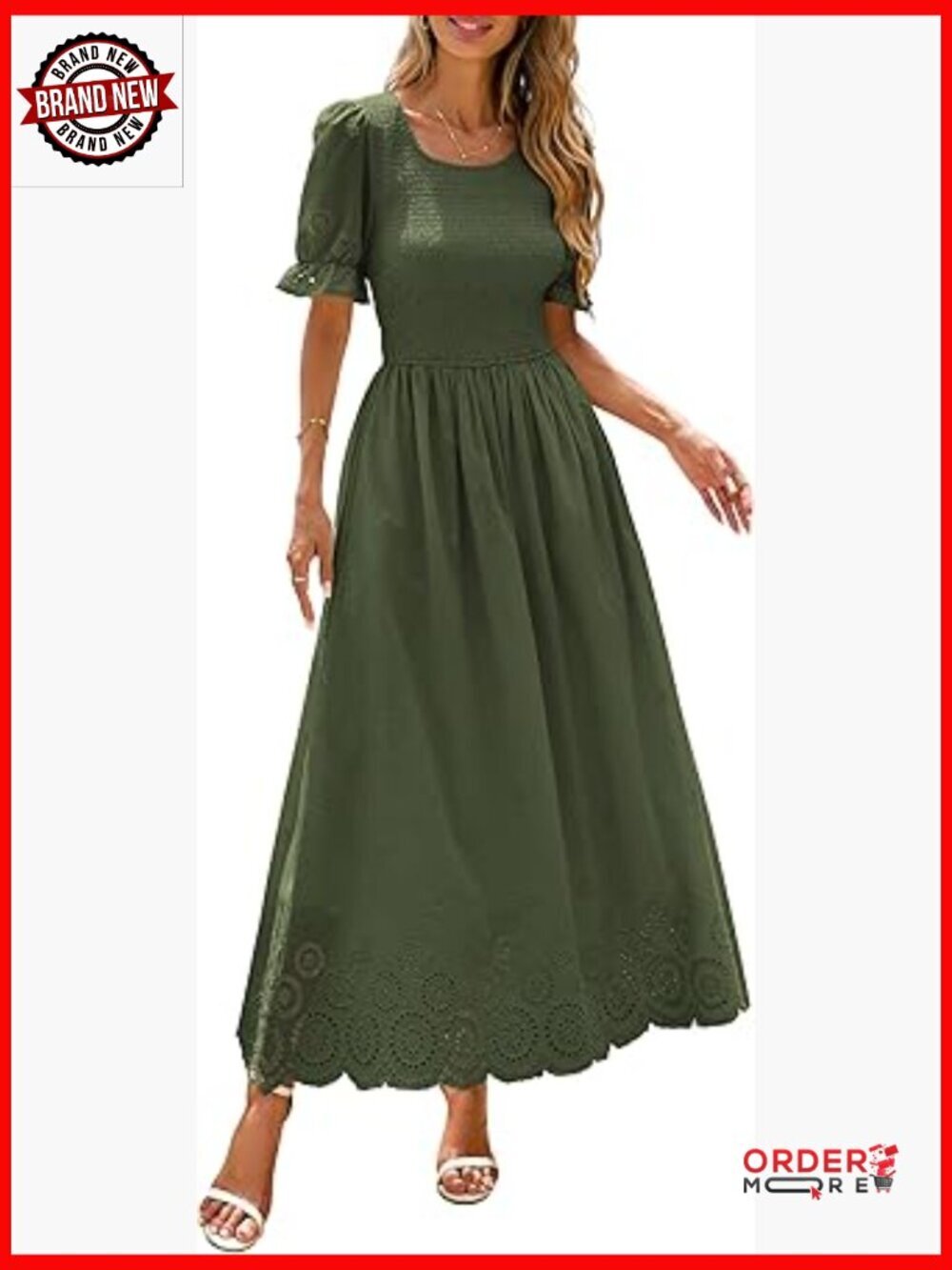 Smocked Eyelet Maxi Dress with Pockets Puff Sleeve Boho